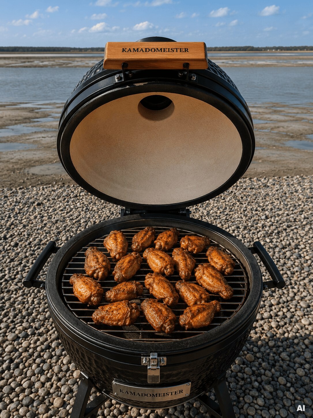 Goldbraune Chicken Wings vom Kamado, im Hintergrund der Strand.