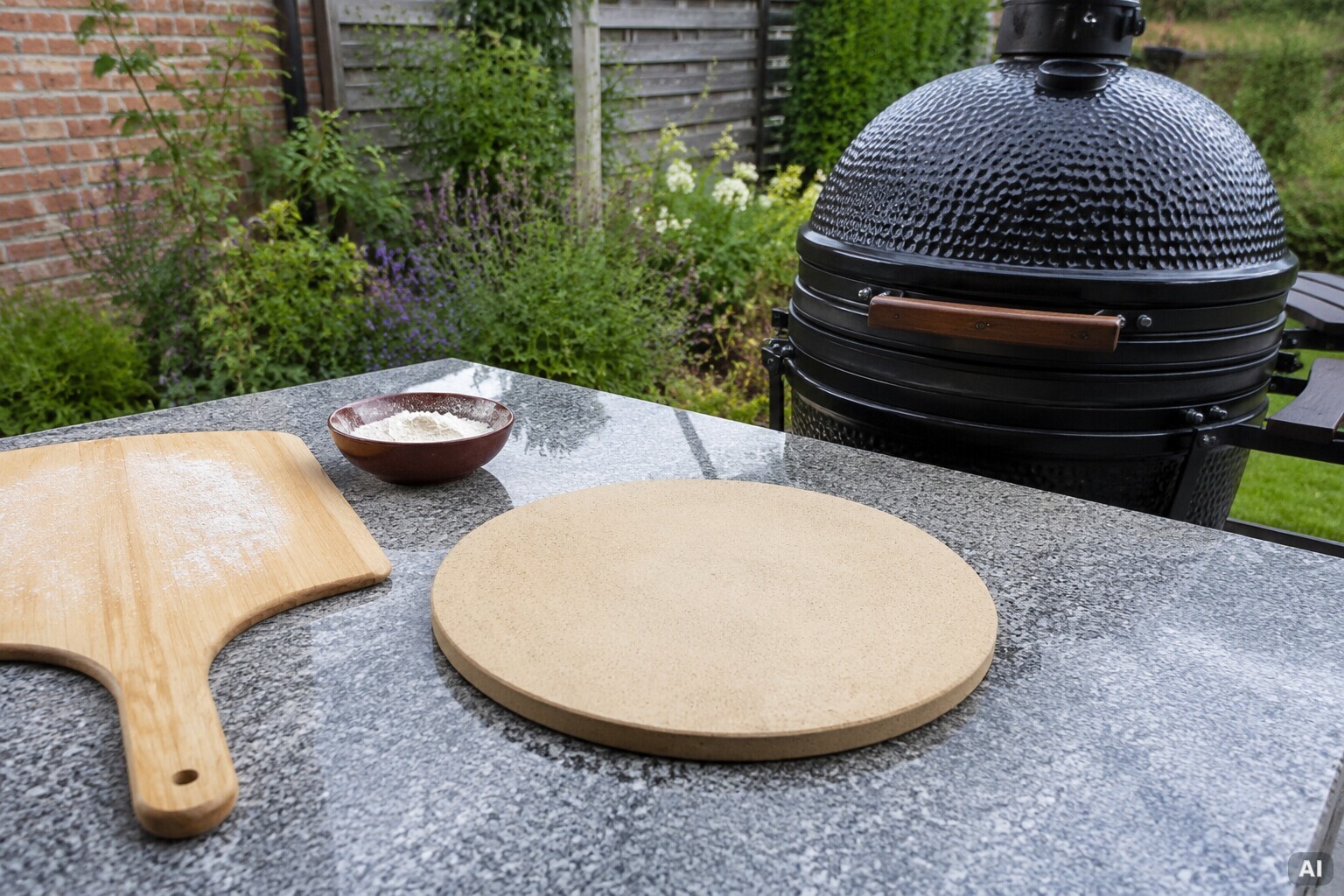 Abgekühlter Cordierit-Pizzastein auf einer stabilen Arbeitsfläche neben einem Kamado.