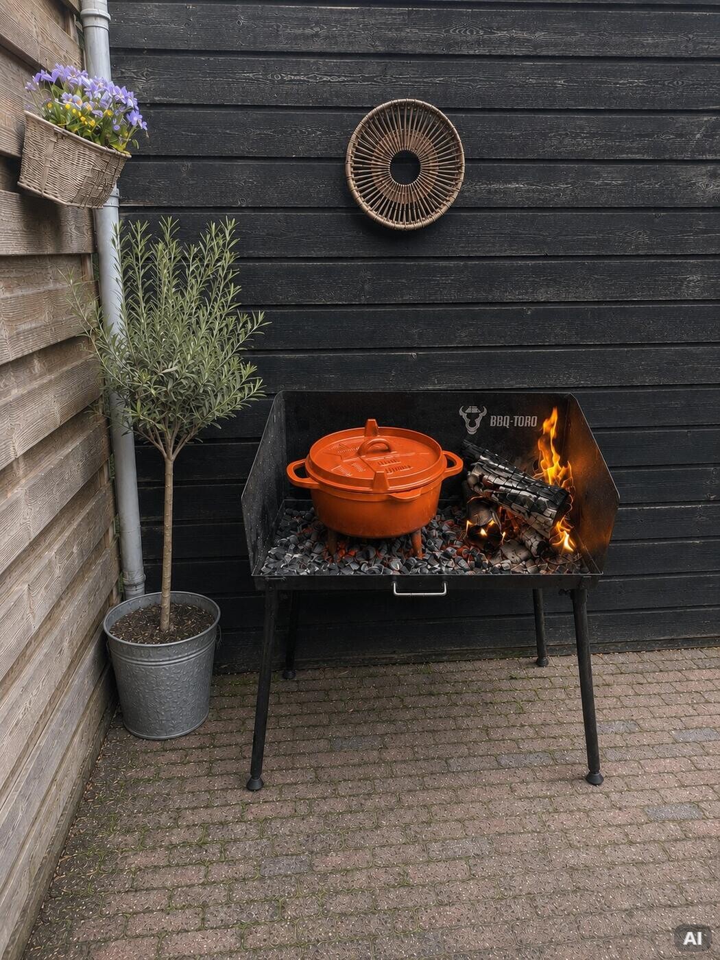 Dutch Oven mit Briketts und Feuer auf einem Feuertisch