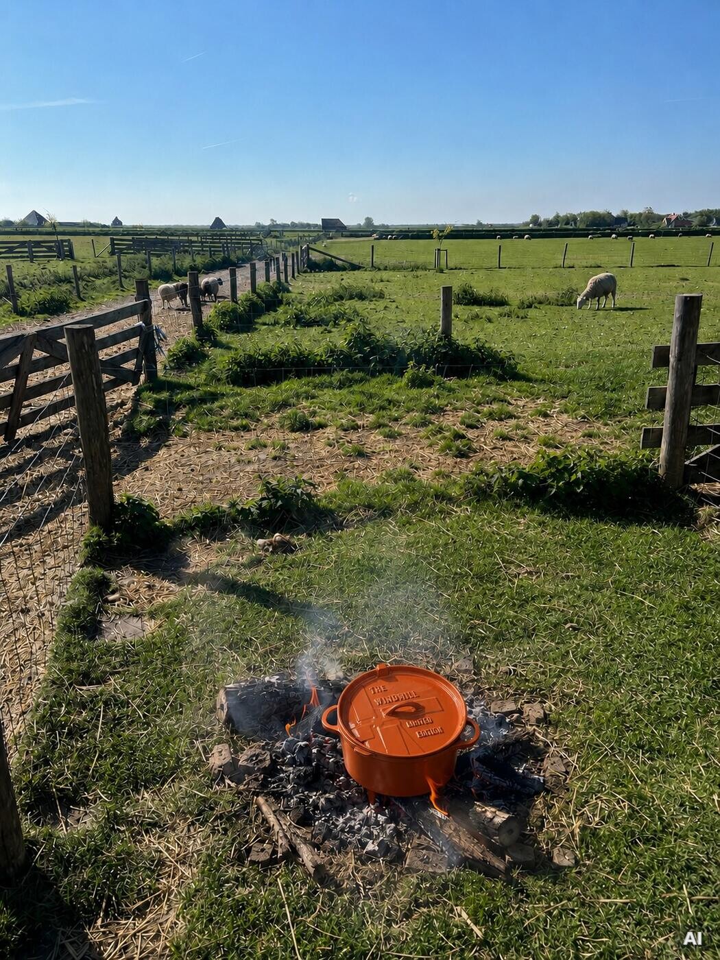 Dutch Oven kocht über dem Feuer auf einer niederländischen Schafweide