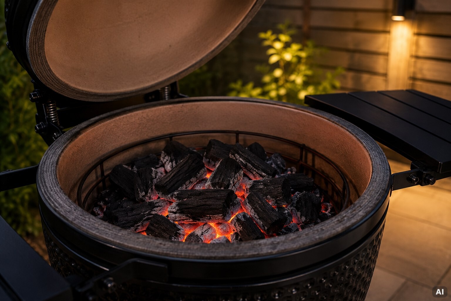 Tiefrote Glut leuchtet im Kamado am Abend.