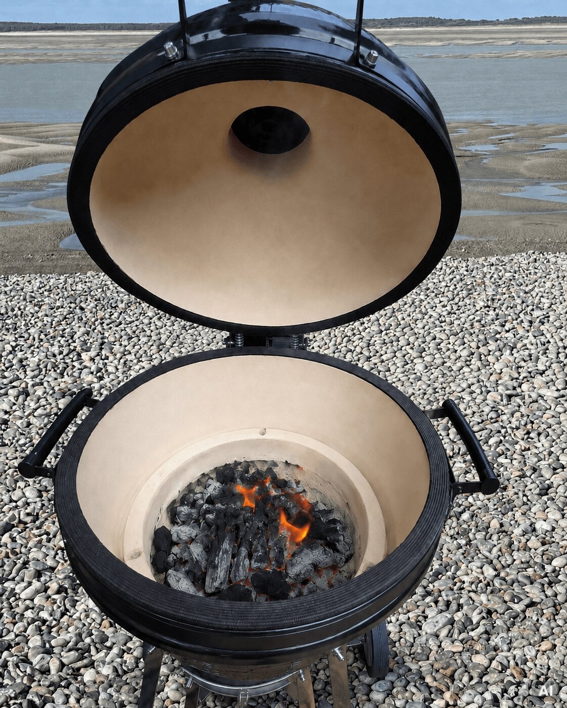 Glühende Holzkohle im Kamado am Kiesstrand.