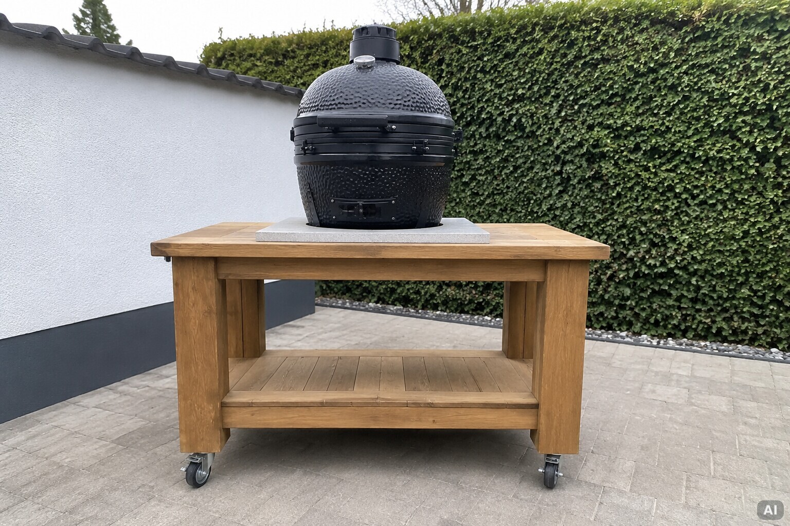 Stabiler Grilltisch mit Kamado auf einer nicht brennbaren Steinplatte.