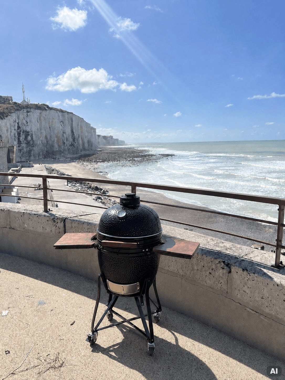 Kamado Grill mit Blick auf Promenade und Kreidefelsen am Meer.