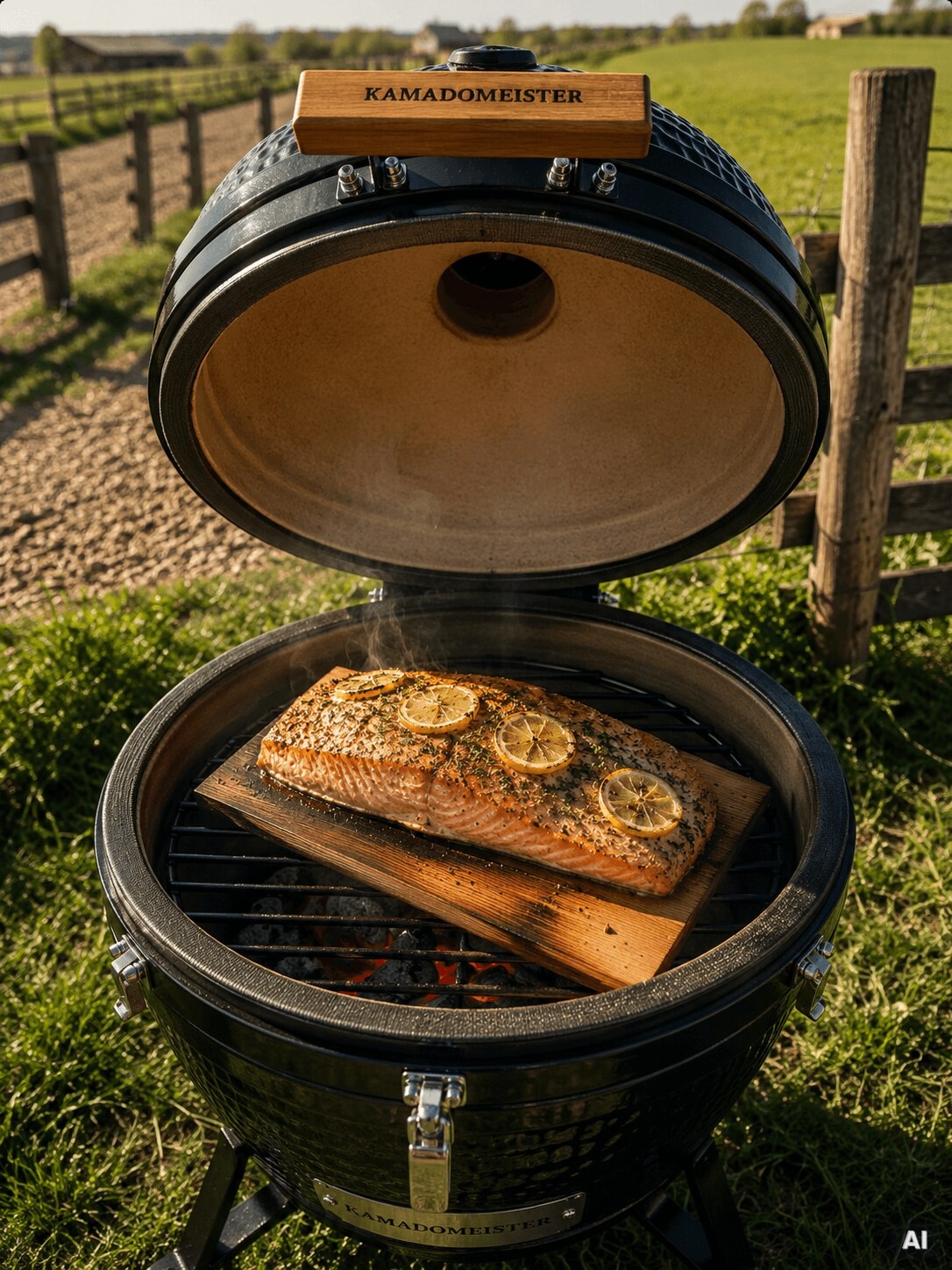 Lachsfilet auf Zedernholzbrett mit Zitronenscheiben gart im Kamado.