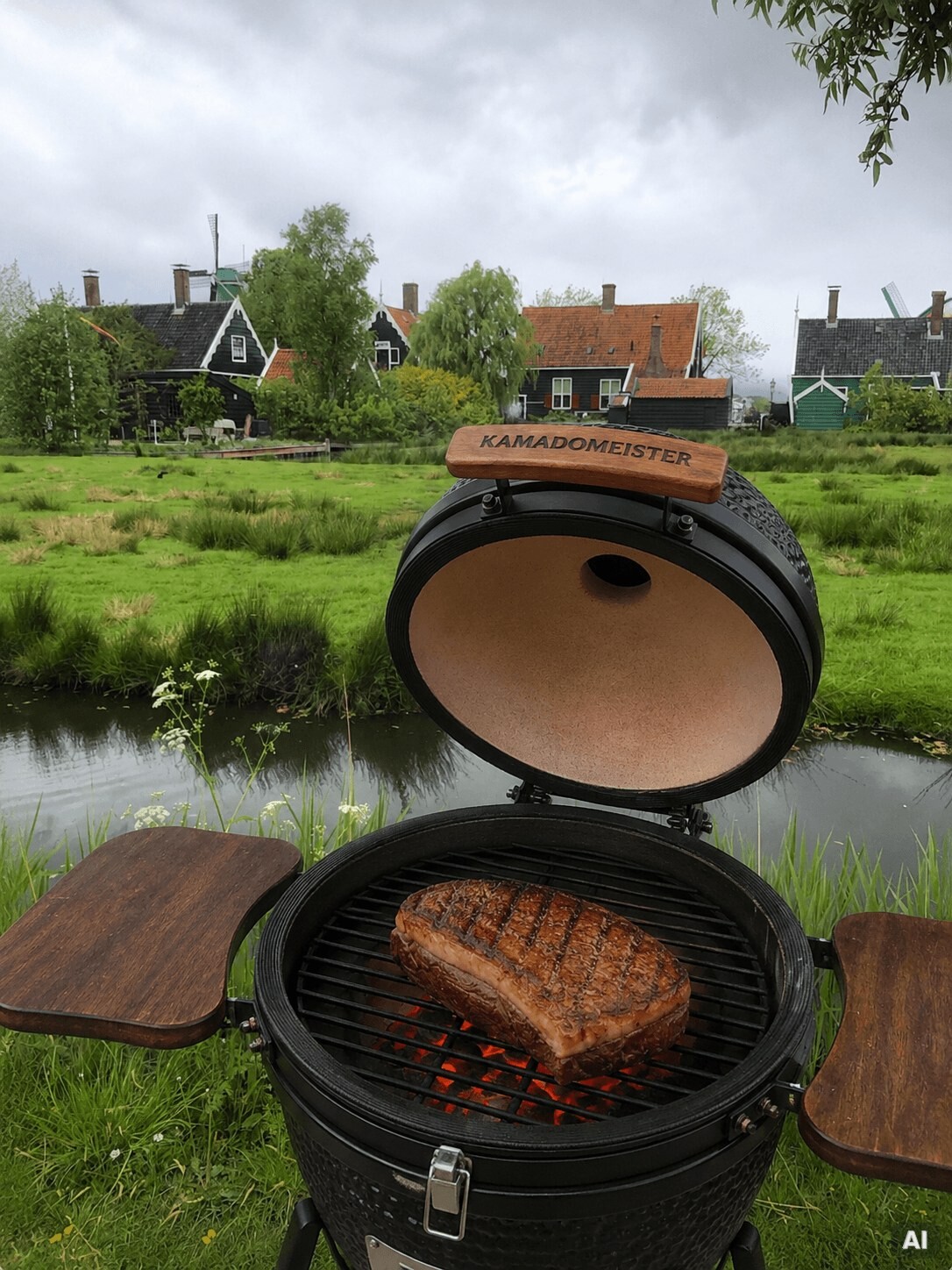Steak vom Kamado Grill, im Hintergrund die Zaanse Schans.