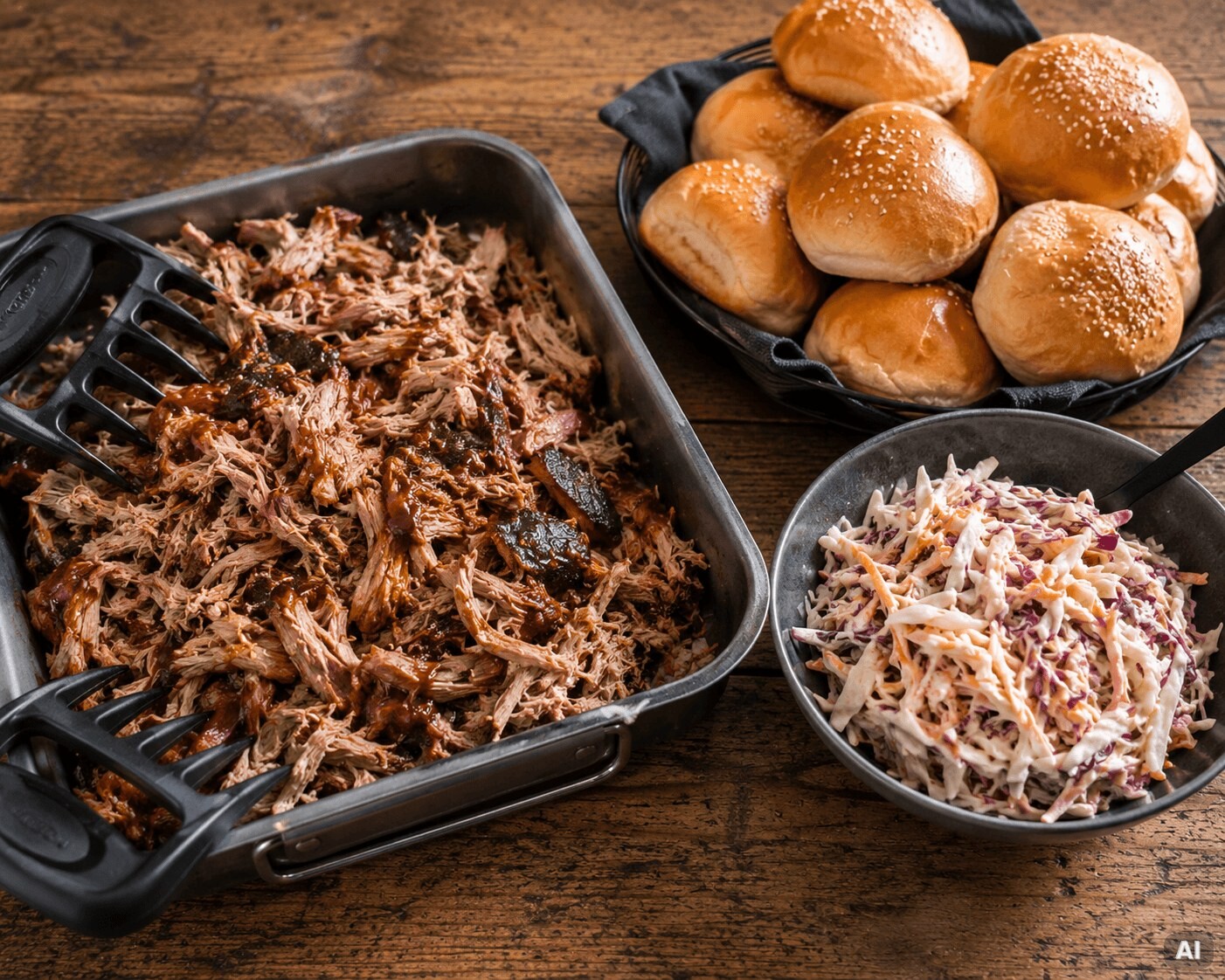Gepulltes Fleisch mit Brötchen und Coleslaw.