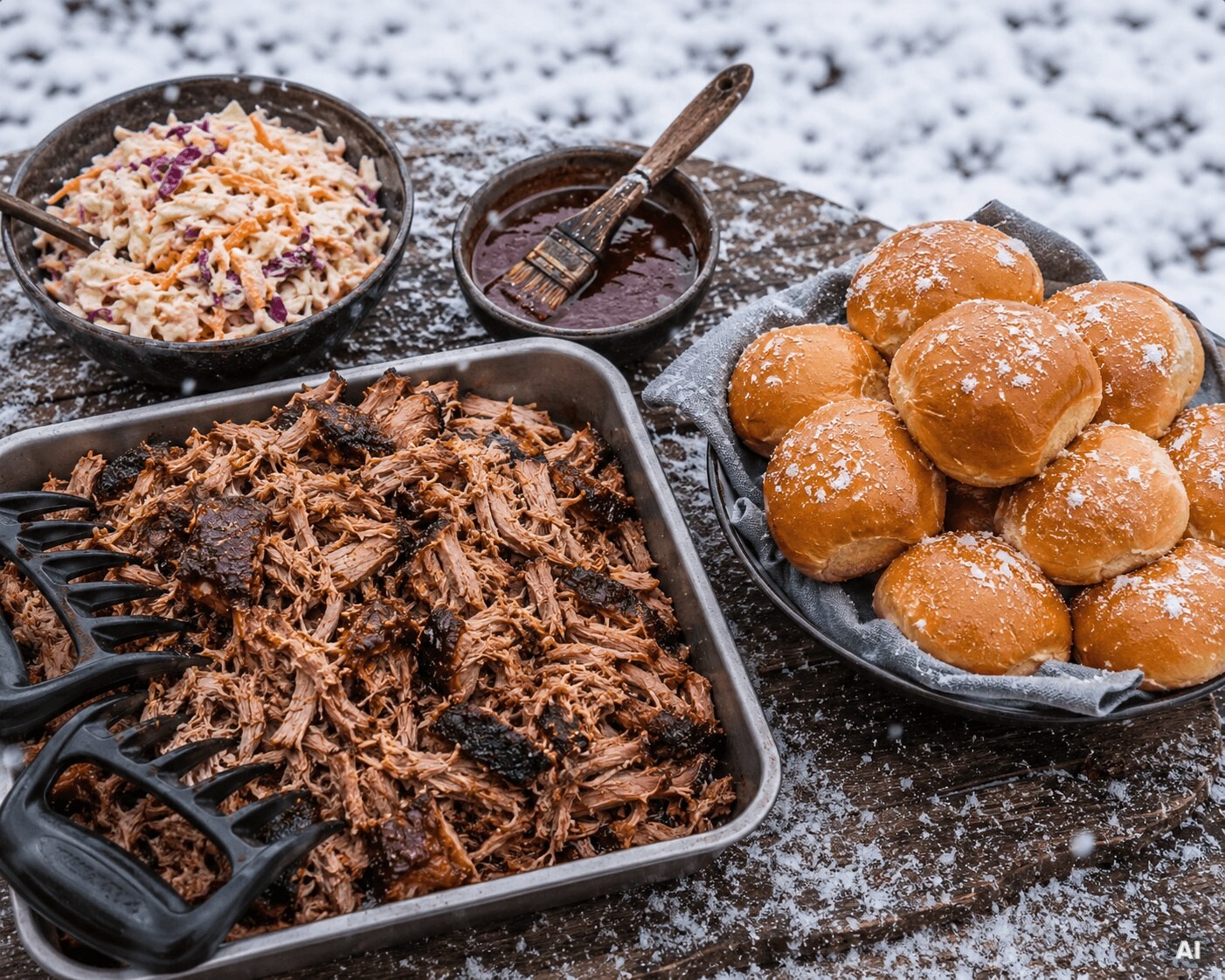 Saftiges Pulled Pork mit Brötchen und Coleslaw, frisch vom Kamado.
