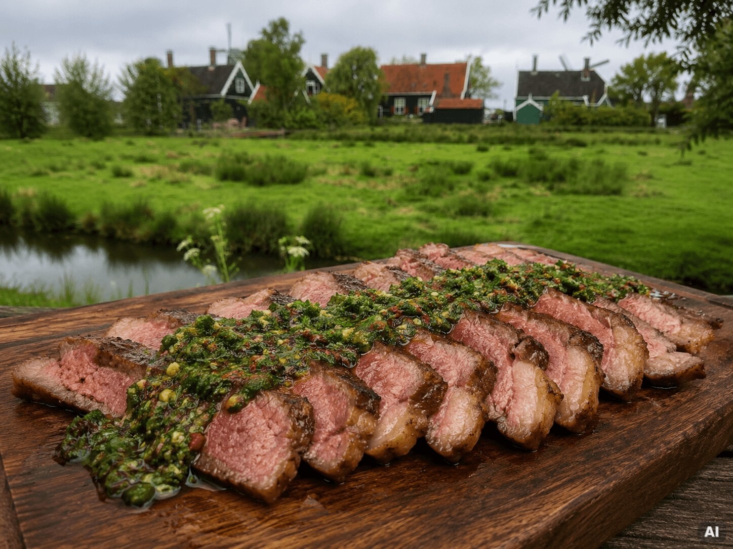 Aufgeschnittenes Roastbeef mit Kräutersauce, im Hintergrund die Zaanse Schans.
