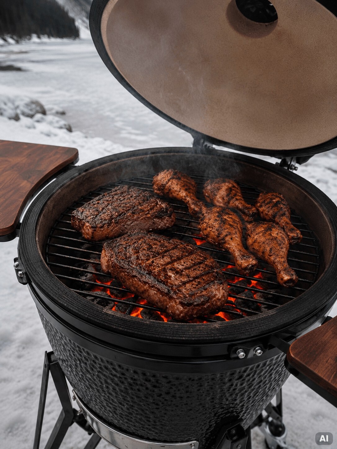 Hähnchenschenkel und Steak grillen gleichzeitig im Kamado.