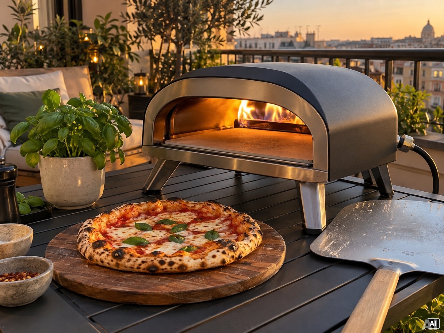 Kompakter Pizzaofen auf der Terrasse bei Sonnenuntergang