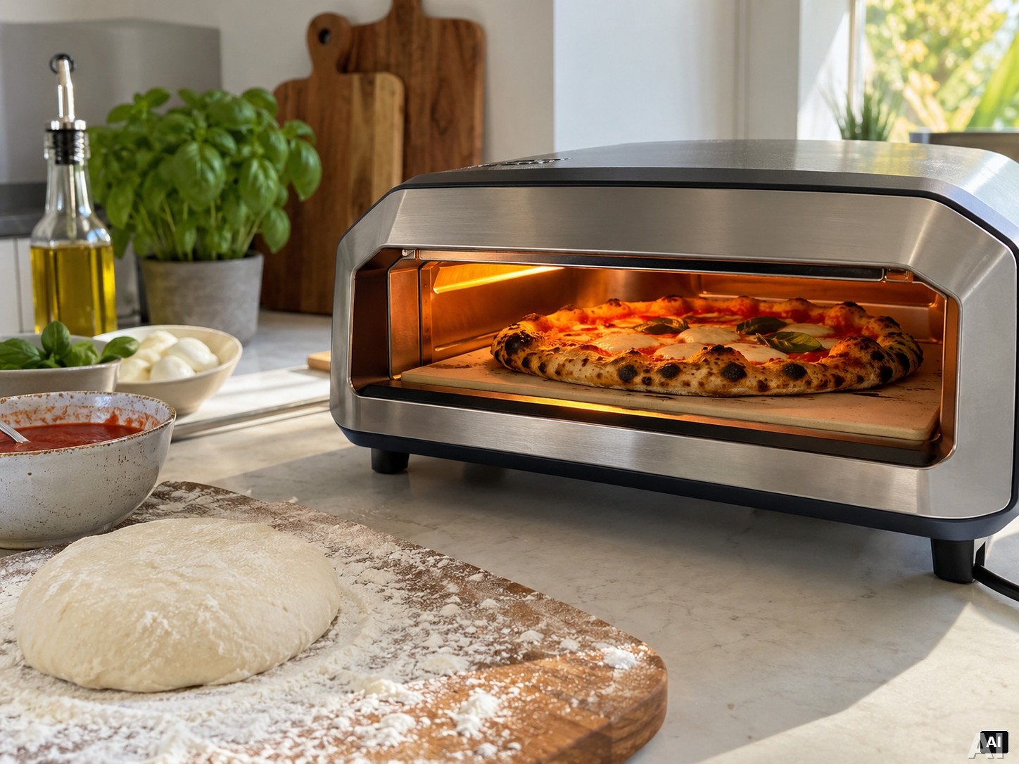 Elektrischer Pizzaofen in einer hellen Küche