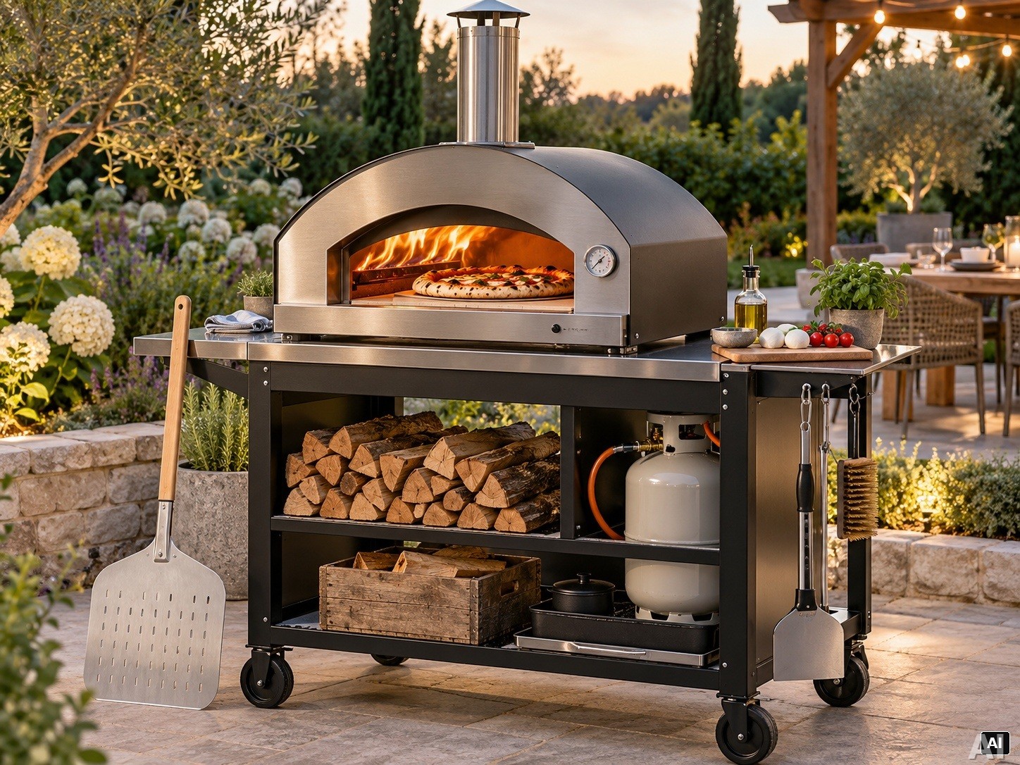 Garten-Pizzaofen mit Pizza in der Abendsonne