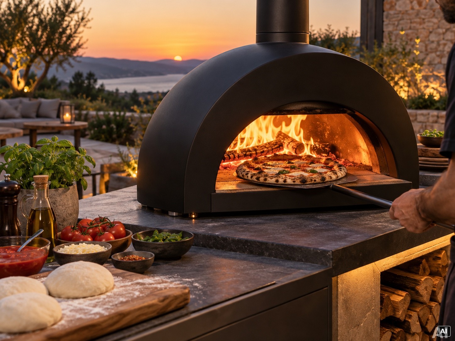 Pizza backen im Abendlicht