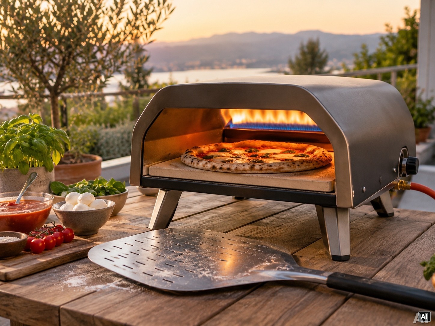 Pizzaofen mit glühender Backkammer am Abend