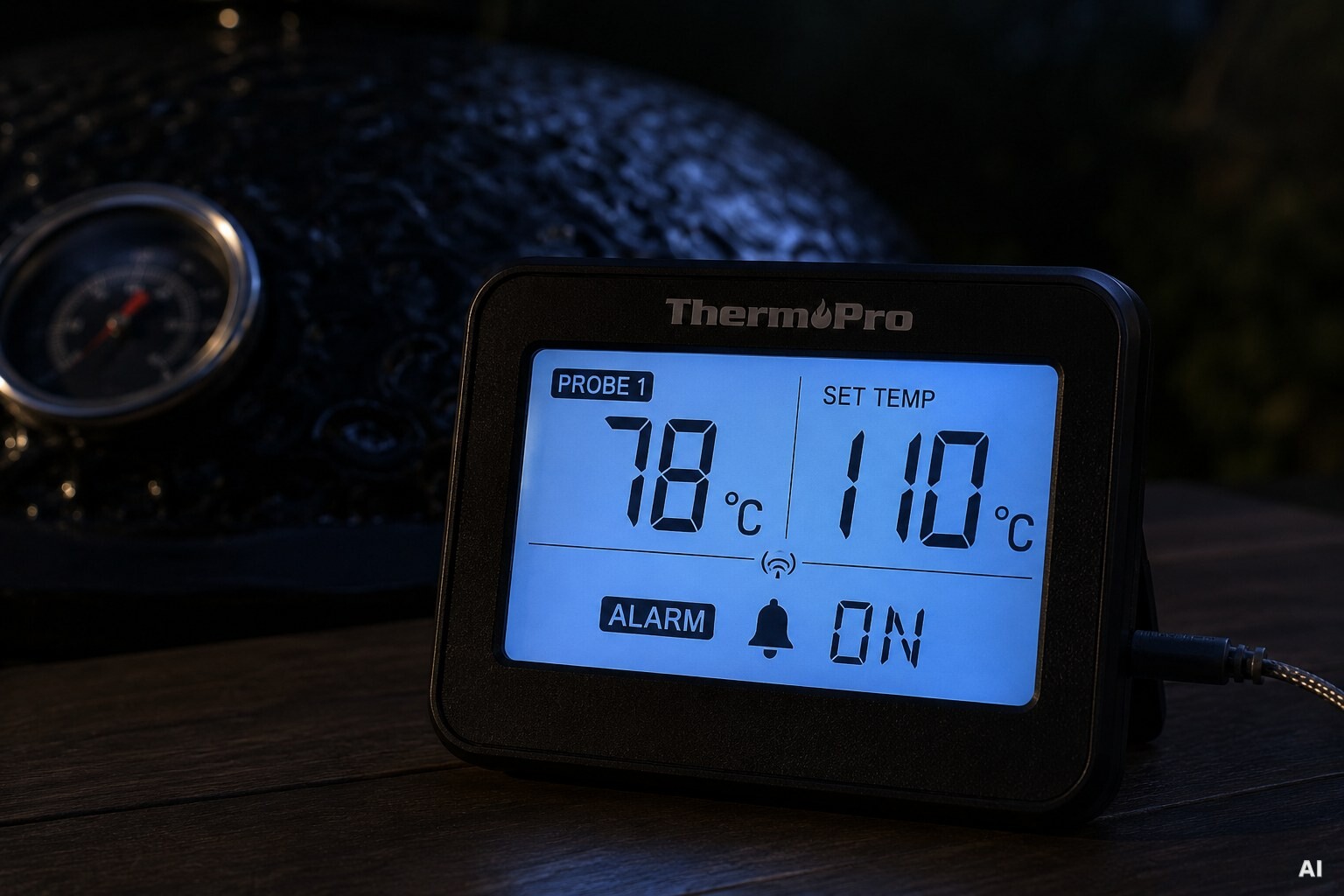 Das Funkthermometer zeigt 78 Grad bei einer Zieltemperatur von 110 Grad an.