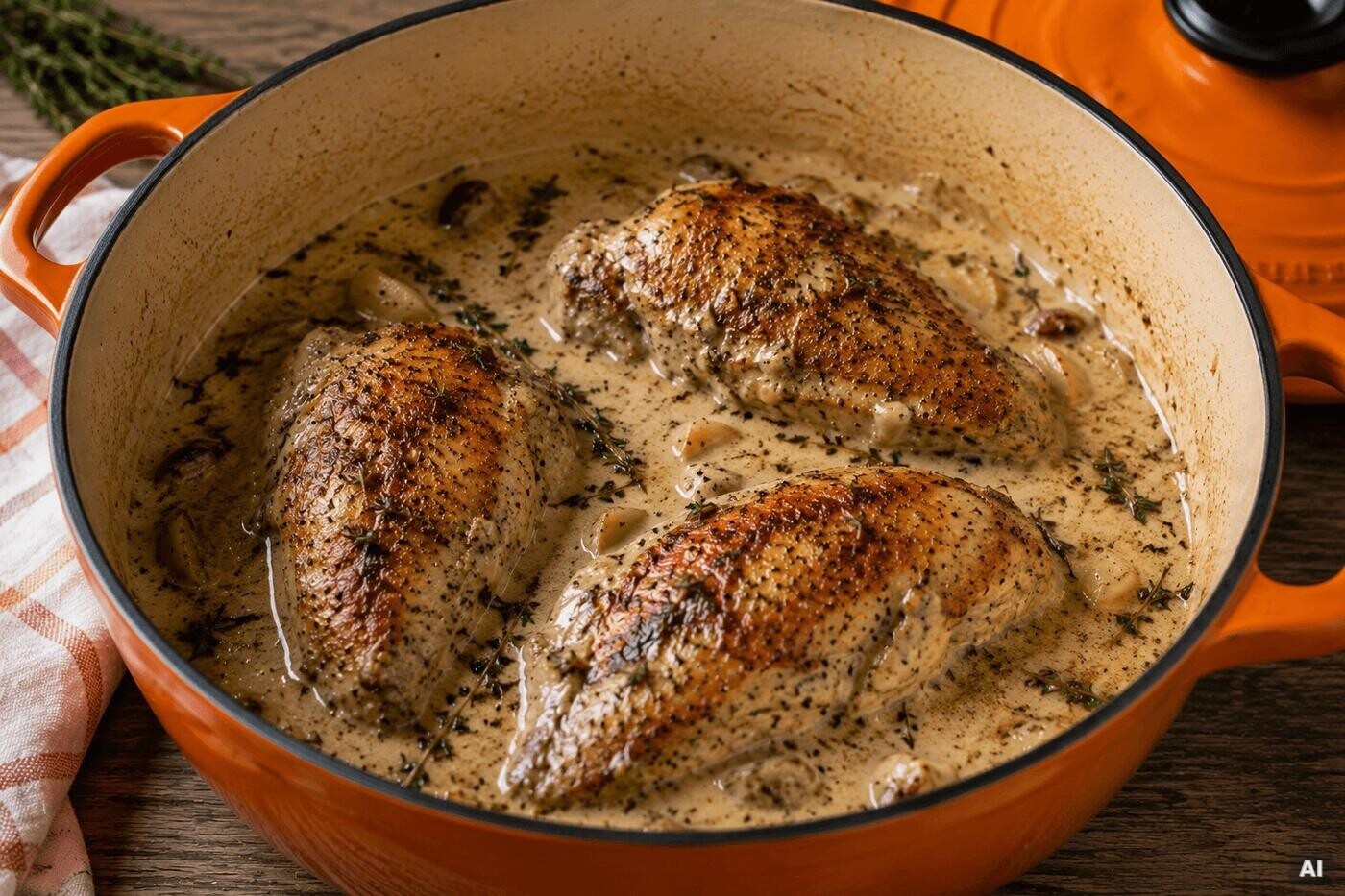 Hähnchenbrust in Sahnesauce im Dutch Oven