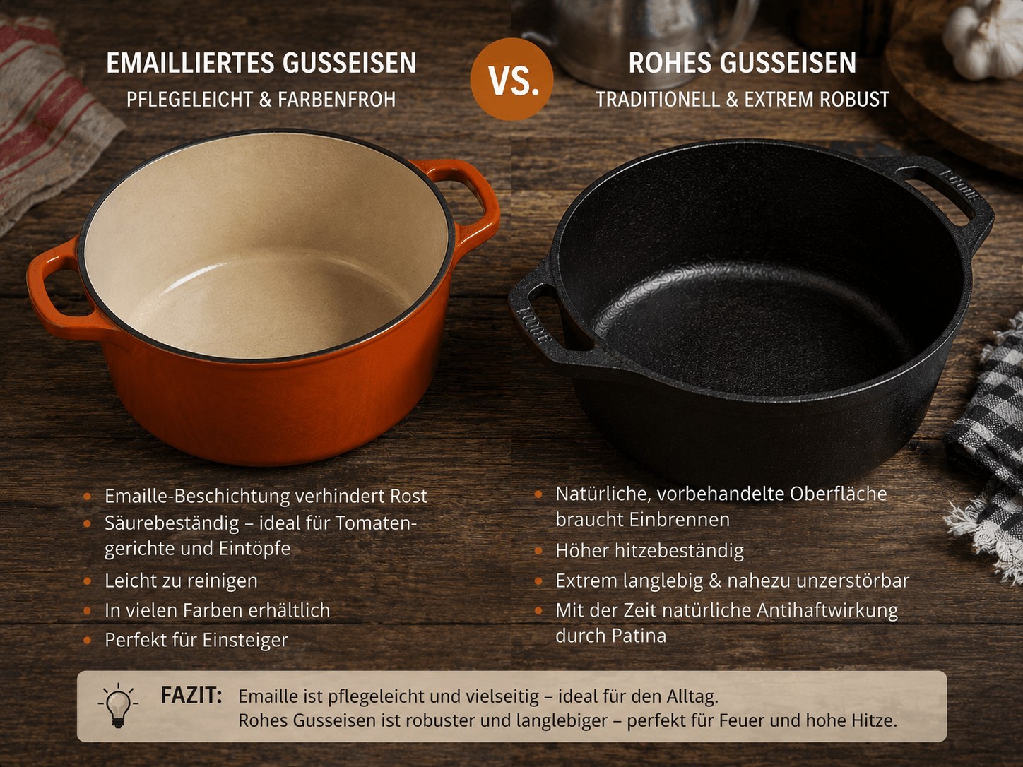 Vergleich: Emailliertes vs. rohes Gusseisen