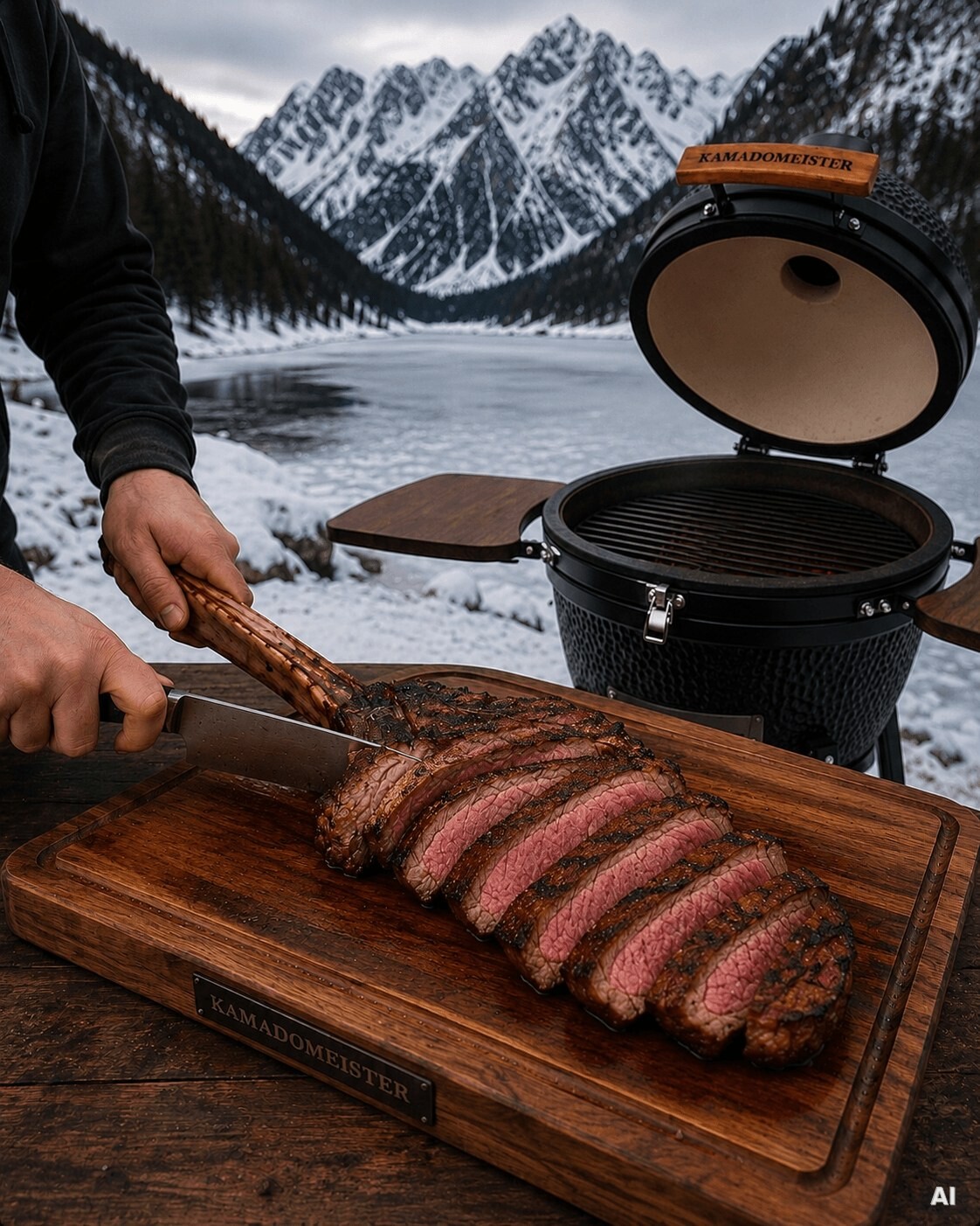 Saftiges Rindfleisch vom Kamado wird angeschnitten, im Hintergrund ein winterlicher Bergsee.
