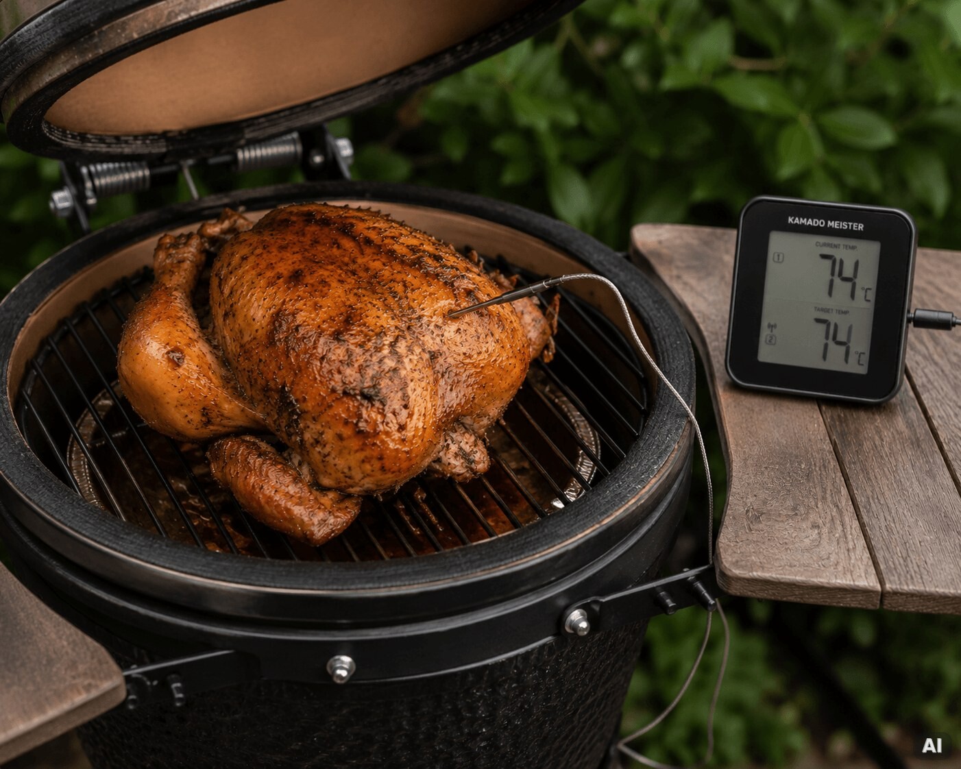 Ganzes Hähnchen gart im Kamado, Kerntemperatur im Blick.