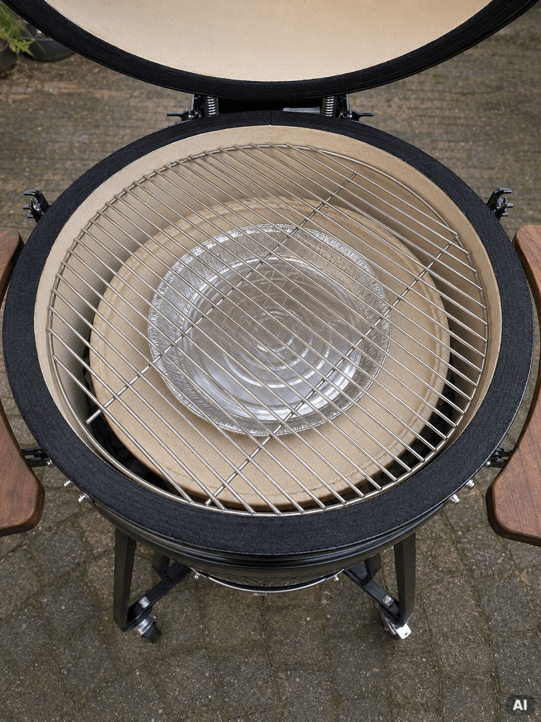 Hitzeschild (Deflektorstein) und Rost im leeren Kamado, Aufbau für indirektes Grillen.