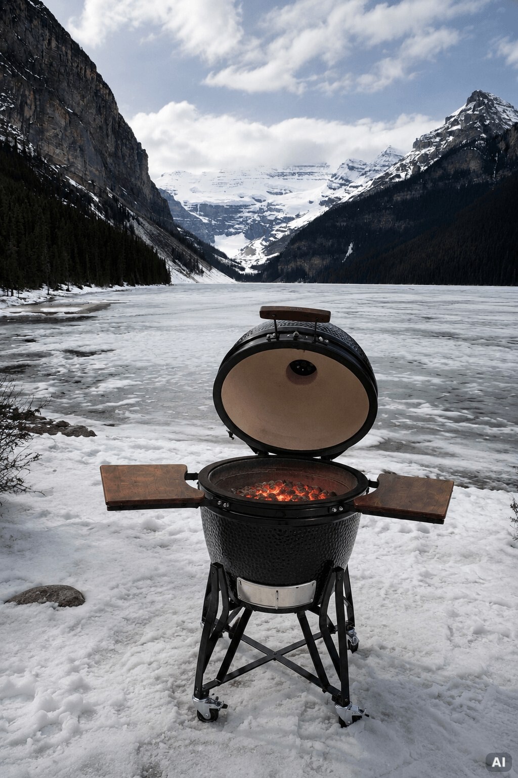 Kamado Grill vor der Kulisse eines zugefrorenen Sees im Winter.