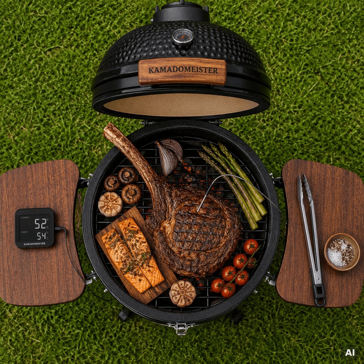 Mehrere Gerichte gleichzeitig auf dem Kamado-Rost: Steak, Lachs und Gemüse, von oben fotografiert.