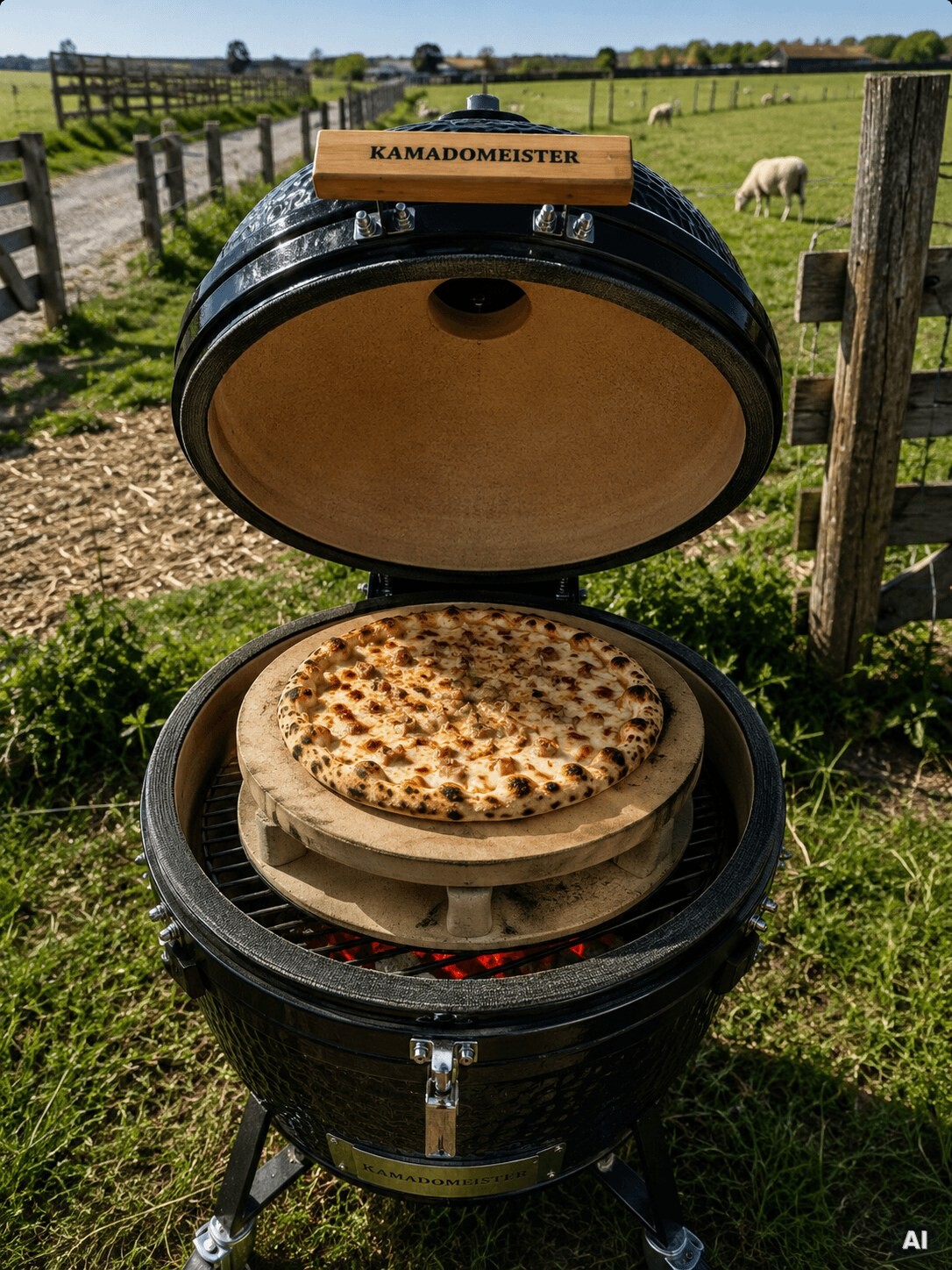 Hauchdünner Teig bäckt im Kamado, im Hintergrund eine Schafsweide.