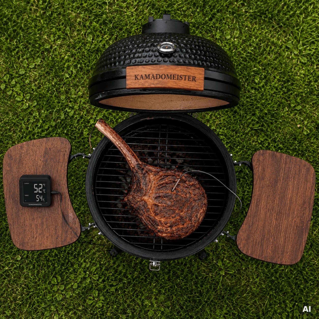 Saftiges Steak vom Kamado mit Grillthermometer auf dem Rasen.