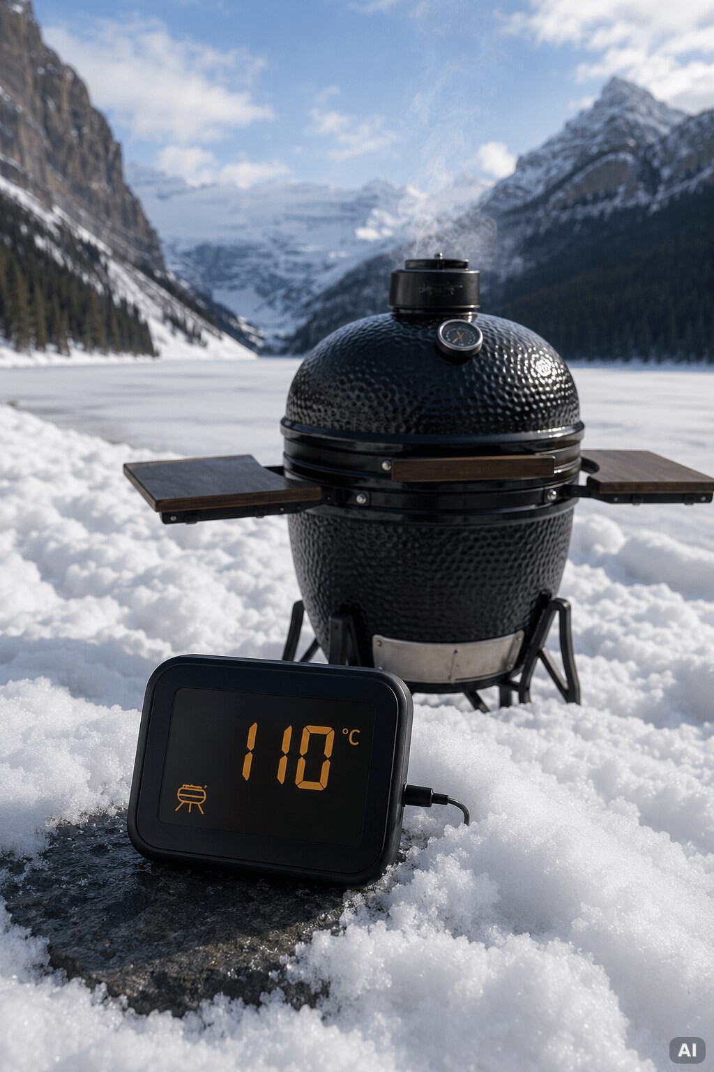Digitales Thermometer im Schnee neben dem Kamado, winterliches Grillen.