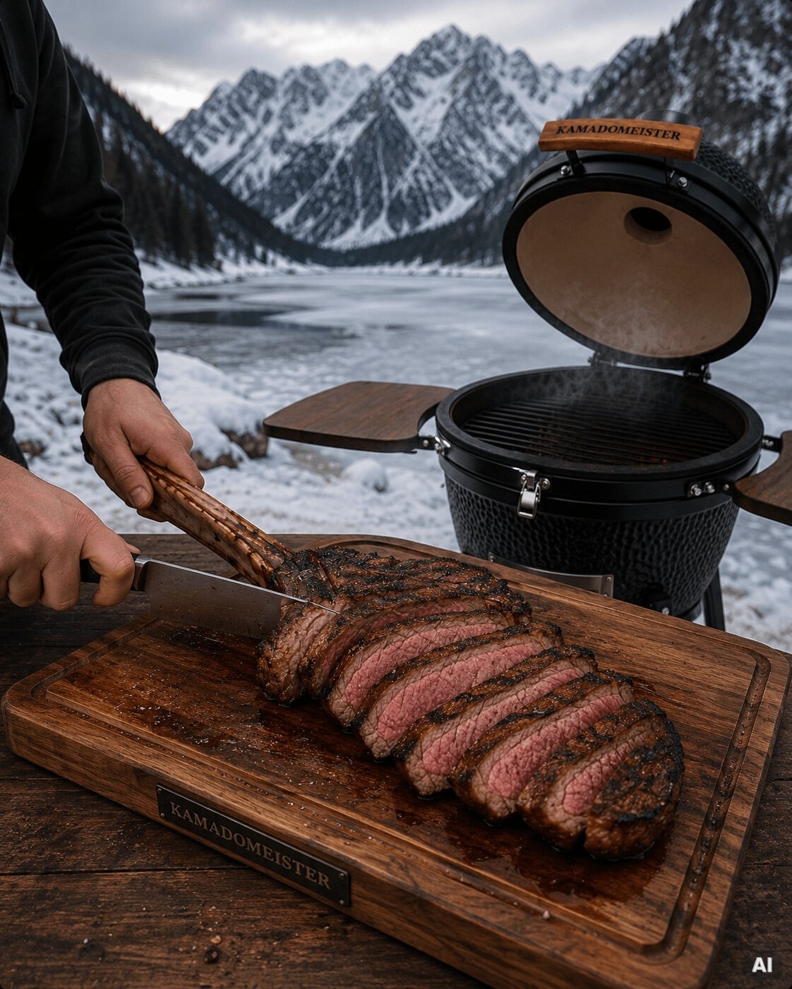 Aufgeschnittenes Tomahawk-Steak mit gleichmäßig rosa Kern.