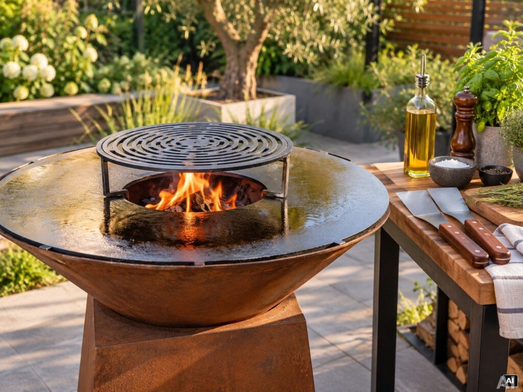 Outdoor-Küche mit Plancha und frischen Kräutern